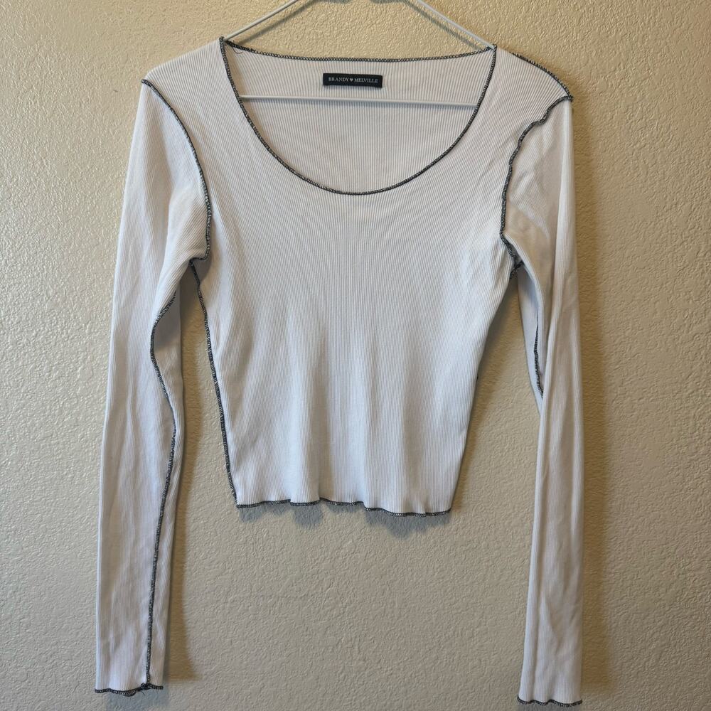 Brandy Melville White Ribbed Contrast Stitch Long Sleeve Top One Size